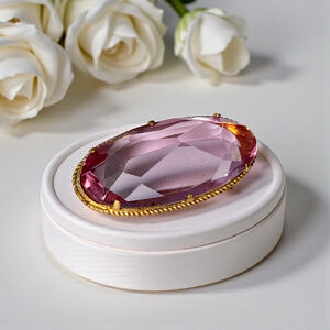 Antique Russian Imperial Pink Tourmaline Glass Gold Filled Faceted Brooch.